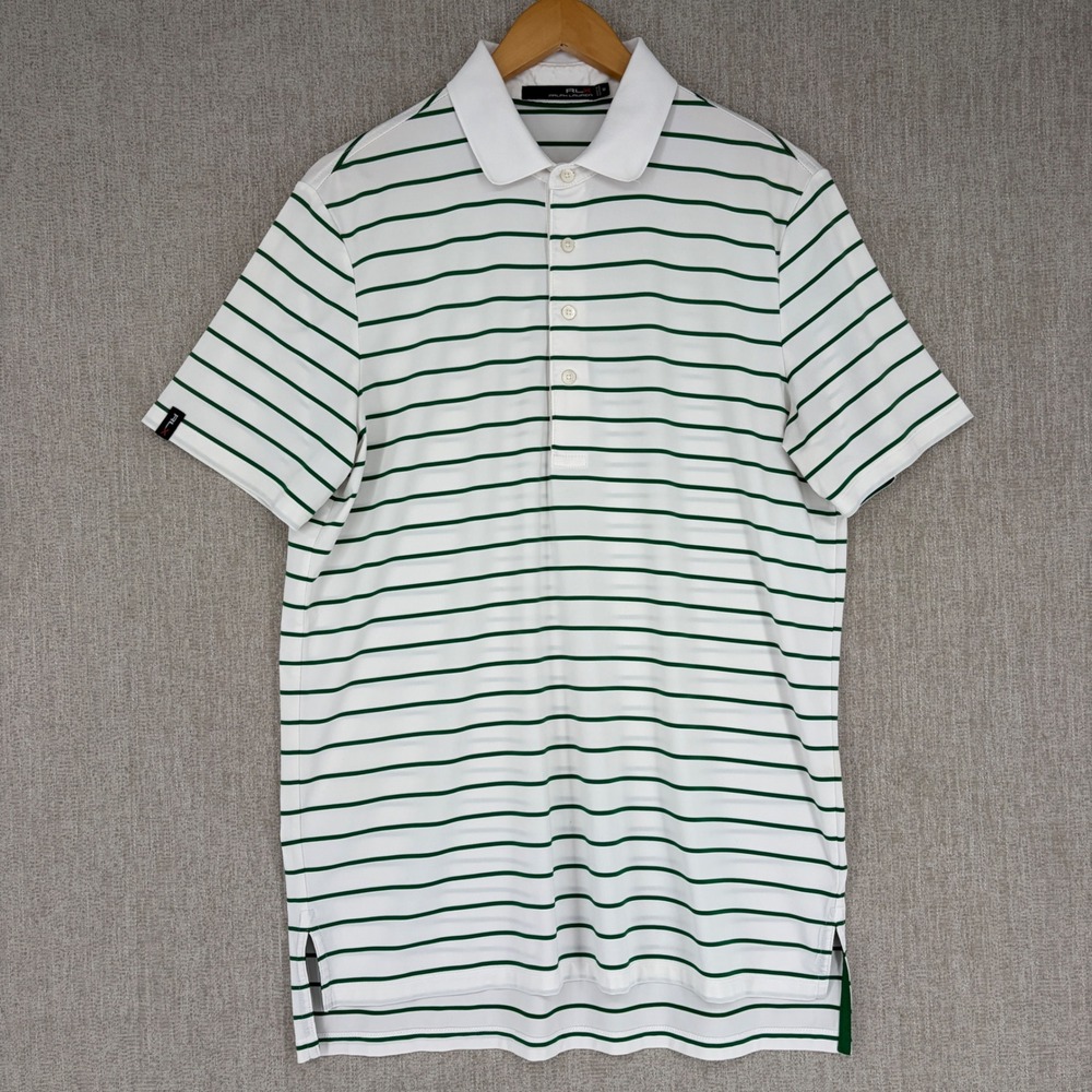 RLX Ralph Lauren Polo Mens M White Green Striped Golf Shirt Performance Stretch